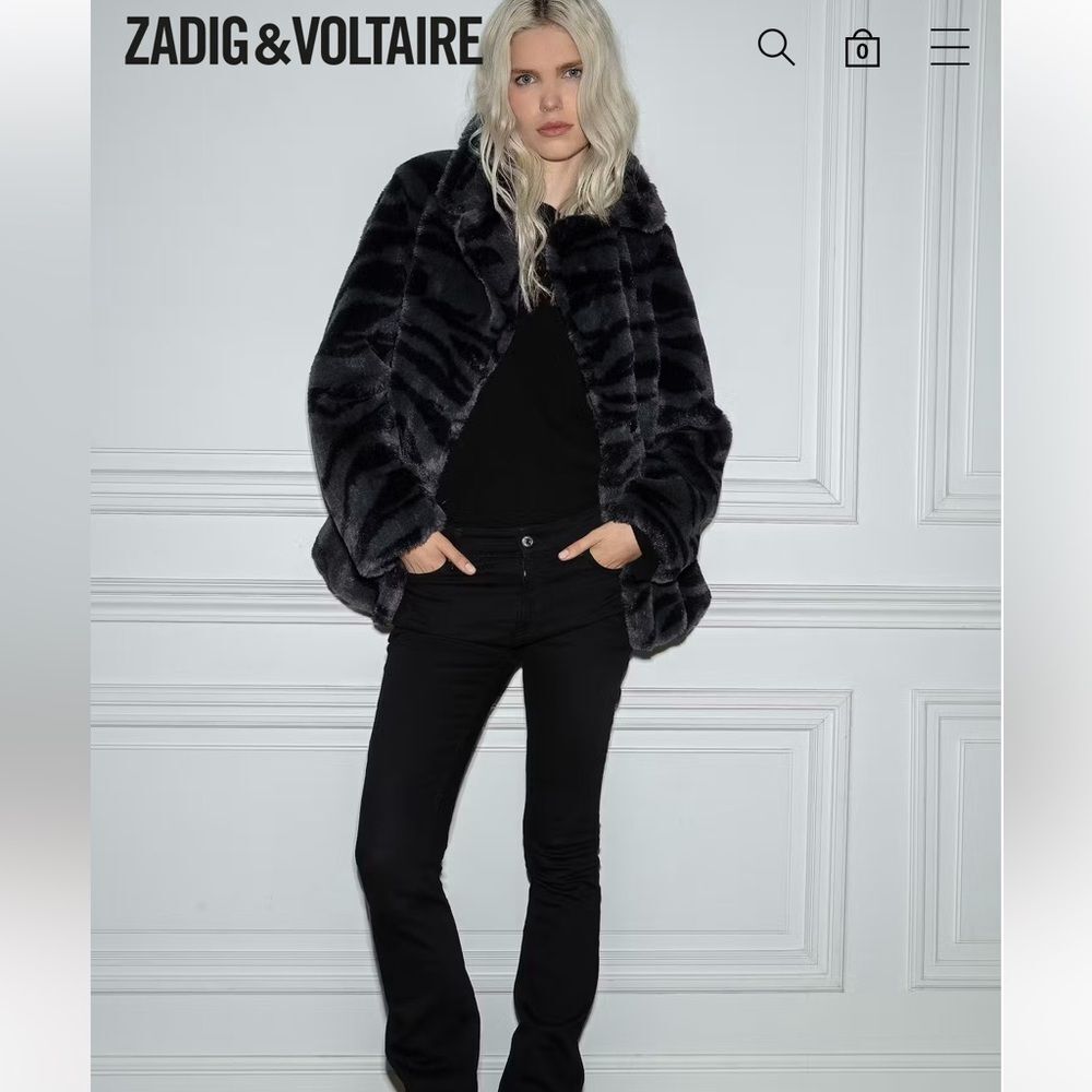 ZADIG & VOLTAIRE FERA Black Tiger print faux fur coat New ( small flaw)
